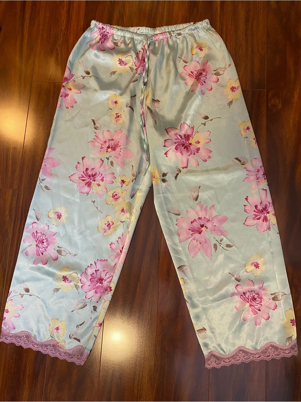 Mint And Pink Silky Pajama Pants Cropped with lace trim